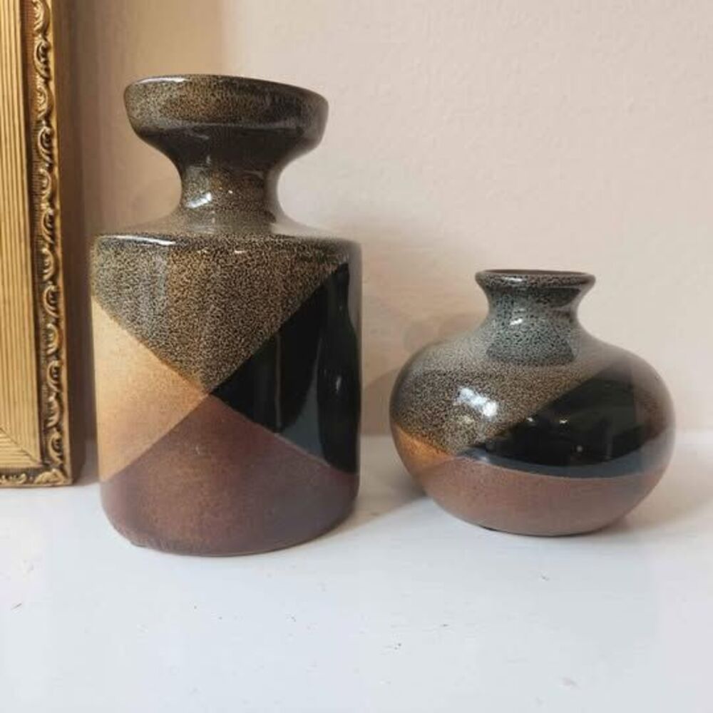 Vintage MCM Pottery Craft USA Stoneware Set of 2 Coordinating Vases